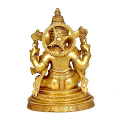 Brass Ganesha statue idol back view on round engraved base, gold-tone finish