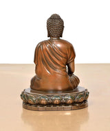 Gold resin meditation Buddha statue, rear view, beaded crown and decorated lotus base