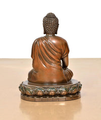 Gold resin meditation Buddha statue, rear view, beaded crown and decorated lotus base