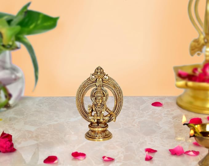 Brass Ayyappan idol statue with ornate arch and seated figure, 5-inch height