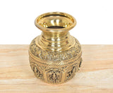 Top and front view of bronze kalash with engraved figures and patterned band