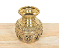 Top and front view of bronze kalash with engraved figures and patterned band