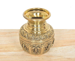 Top and front view of bronze kalash with engraved figures and patterned band