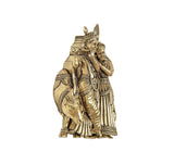 Brass Radha-Krishna with cow sculpture, side view; engraved detailing on clothing
