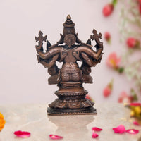 Copper Lord Vishnu with Bhudevi & Sridevi idol, back view, seated on pedestal