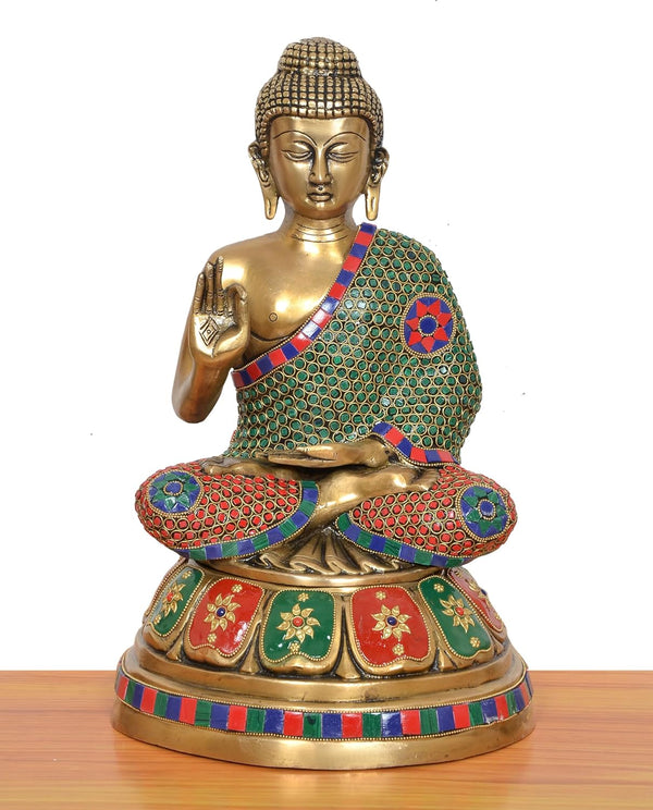 Brass Abhaya Mudra Buddha Idol (Height 15 Inch) Study Setting