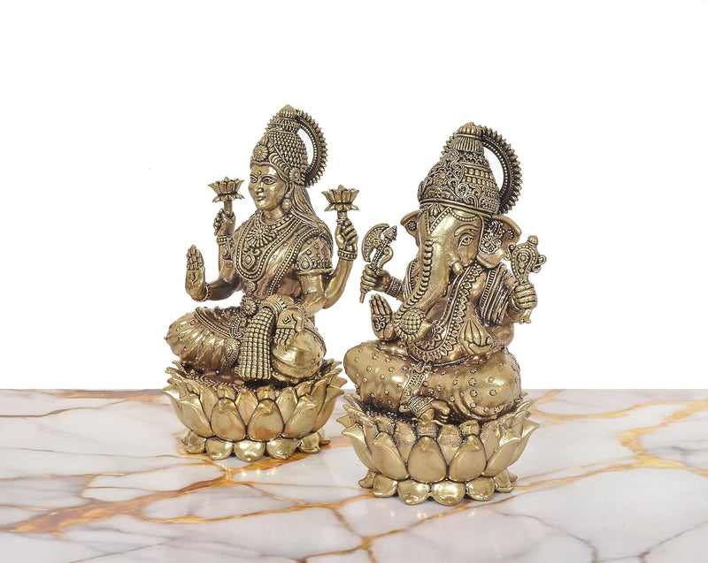 Bronze Lakshmi Ganesh Statue (Height: 7 Inches)