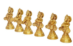 Brass musical Ganesha idol set (six) showing varied hand poses and head ornaments