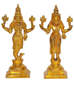 Gold Dasavatharam Vishnu avatar statues, close-up pair with raised arms