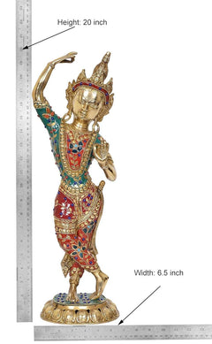 Tara Devi statue height 20 in, width 6.5 in; brass dancer with jeweled colors