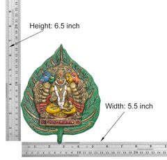 Metal Panchmukhi Hanuman wall hanging showing height 6.5 inch and green teardrop shape