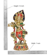 Brass Krishna playing flute idol statue, Height 13 in, Width 7 in, multicolor detailing.