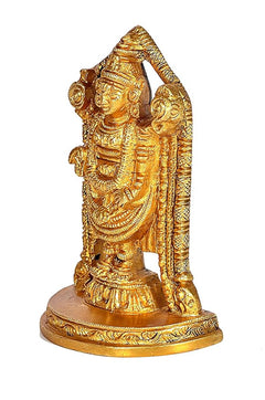 Golden brass Tirupati Balaji idol, side view with detailed torso and drapery