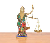 Back/side view brass Lady Justice figurine with balance scales, multicolor inlays