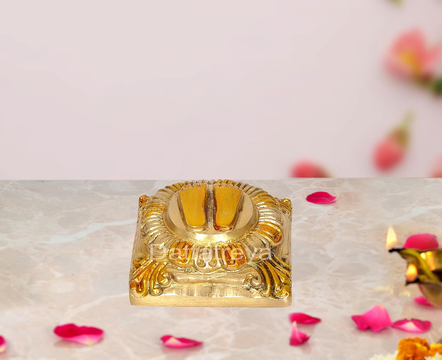 Lakshmi Charan Paduka Divine Footprints of Goddess Lakshmi for Wealth and Prosperity Brass Finish (Length: 1.5 Inches)