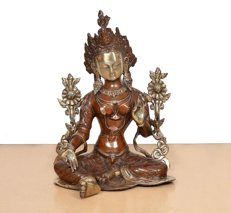 Brass Sitting Tara Devi Statue Tibetan Buddhist Deity (Height 15 Inch)