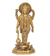Brass standing four-armed Vishnu figurine with halo, lotus base, front view