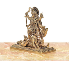 Bronze Mahakaali Mata idol with Shivji, side view holding trident and bowl on pedestal