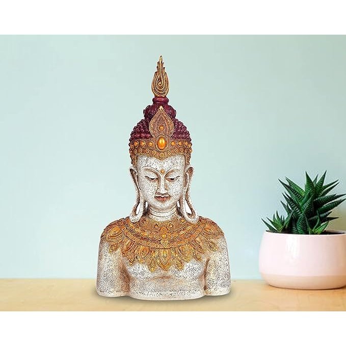 Polyresin Buddha bust showpiece with ornate gold and maroon headpiece, 13.5 in