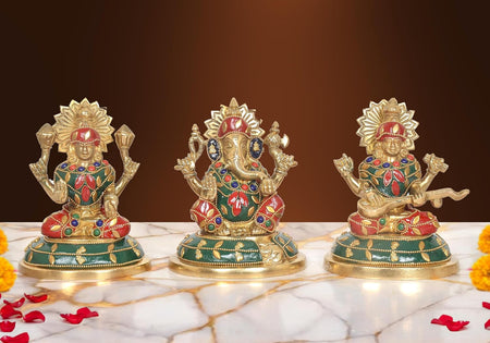 Brass Lakshmi Ganesh Saraswati Idol (Height: 5 Inch) (Multicolor 1)
