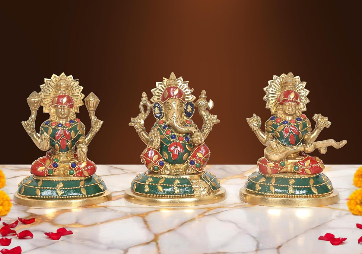 Brass Lakshmi Ganesh Saraswati Idol (Height: 5 Inch) (Multicolor 1)