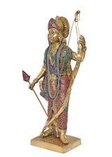 Brass Rama statue angled view, tall crown, holding dhanush bow and arrow, detailed motifs