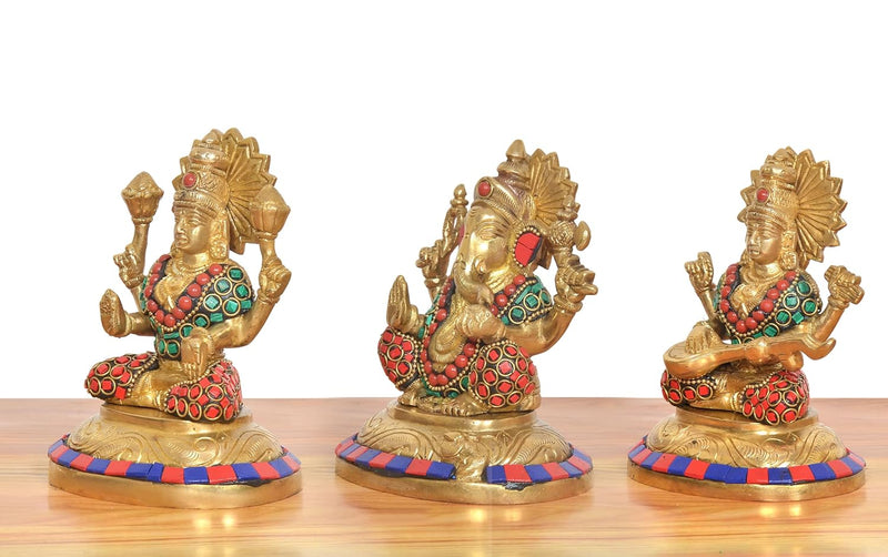 Brass Lakshmi Ganesh Saraswati Idol (Height: 5 Inch) (Multicolor 2)