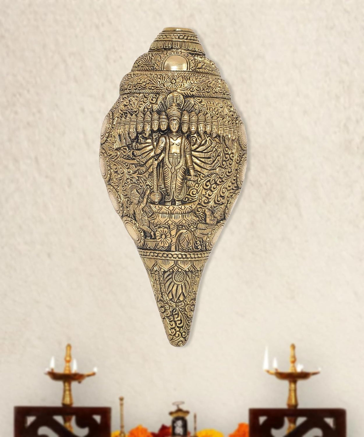 Brass Vishnu Dasavtar shankh wall hanging, central deity relief, ornate engravings
