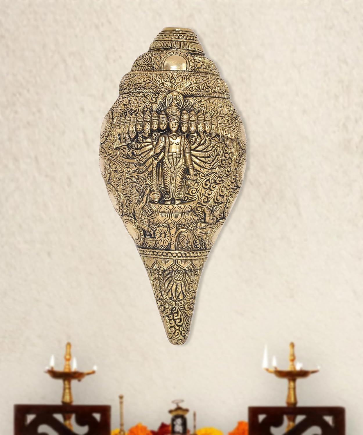 Brass Vishnu Dasavtar Shankh Wall Hanging Shankh Vishnu Dasavtar Design on Shankh Home Decor, Mandir Pooja Temple (Height 9.5 Inch)