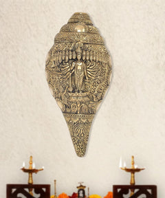Brass Vishnu Dasavtar shankh wall hanging, central deity relief, ornate engravings