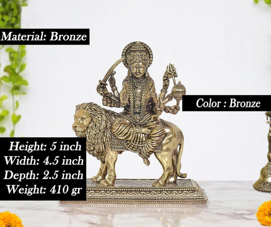 Bronze Durga Maa with Lion Idol (Height 5 Inch)