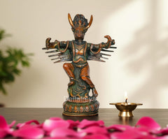 Brass Garun Bhagwan idol, front view, raised arms and ornate pedestal