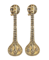 Sitar-shaped brass door handles, two-piece set with fluted stem and teardrop end