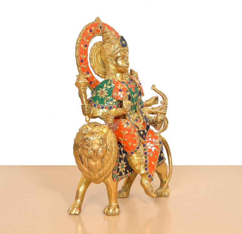 Brass Durga Maa with Lion Statue (Height: 14 Inch)