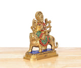 Brass Durga riding lion statue, multicolor beadwork and crown, blue base edge