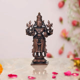 Copper Dhanvantari deity statue, four arms with raised hands, 4-inch height
