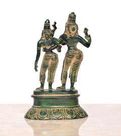 Back/alternate angle brass Shiva-Parvati dancing figurines, ornate jewelry, round base