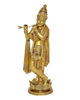 Krishna brass flute idol statue with detailed jewelry and lotus base