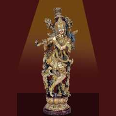 Brass Krishna Figurine mit Auge-Arbeit, goldfarbene Ornamente, Flöte, stehend auf Sockel