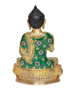 Gold brass meditating Buddha statue, green back robe panel, red base trim and pattern
