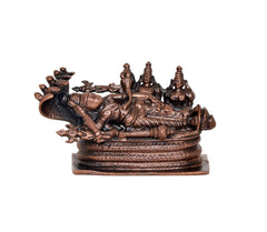 Reclining Vishnu copper statue with Lakshmi and Bhudevi on serpent hood, front view