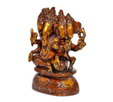 Brass Panchmukhi Ganesha idol side view, raised arms and detailed base, 8 inch