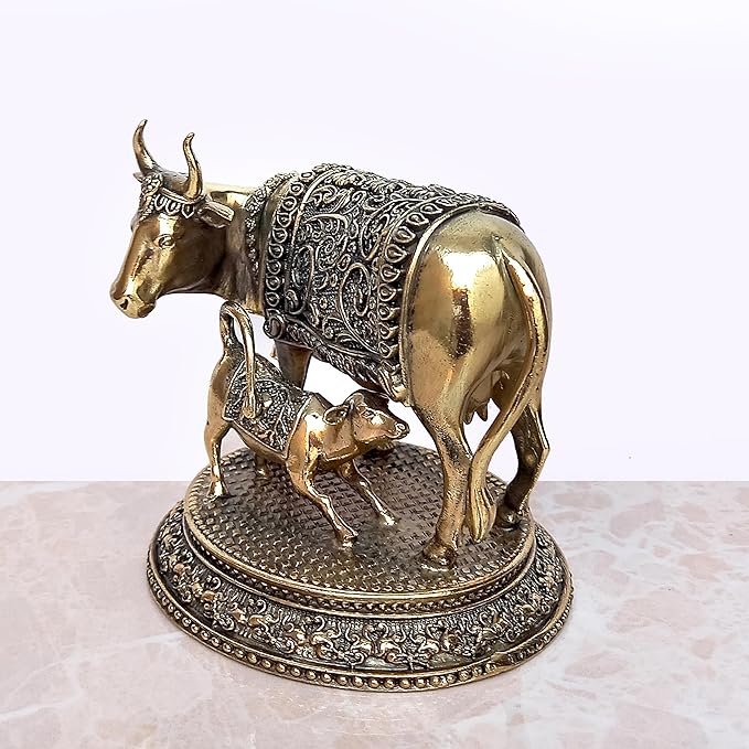 Fine Brass Cow with Calf Pooja Mandir Home Decor (Height 3.5 Inch)