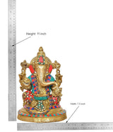 Brass Lord Ganesha idol size chart, height 11 inch, colorful seated figure on base.