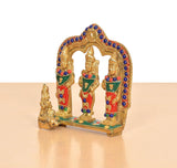 Ram Darbar idol, close front view of three figures under a blue beaded arch