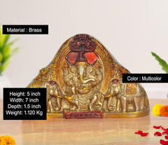 Brass Ganesha idol, 5-inch height, multicolor accents with elephants motif
