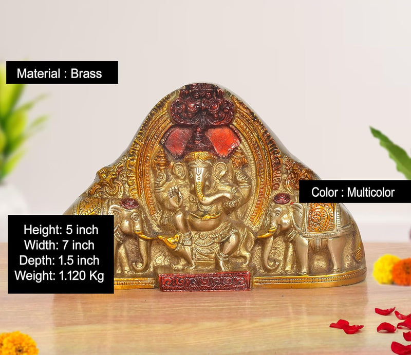 Brass Ganesha with Elephants Ganesh Idol Table Top and Wall Hanging (Height :5 inch)