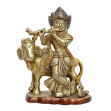 Brass Krishna statue with cow idol, 5-inch height, gold-tone detailing