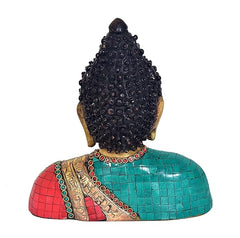Brass Buddha bust statue back view, black textured hair and gold neck with robe back