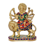 Durga Maa brass idol on lion, raised arms and jeweled dress, detailed front view